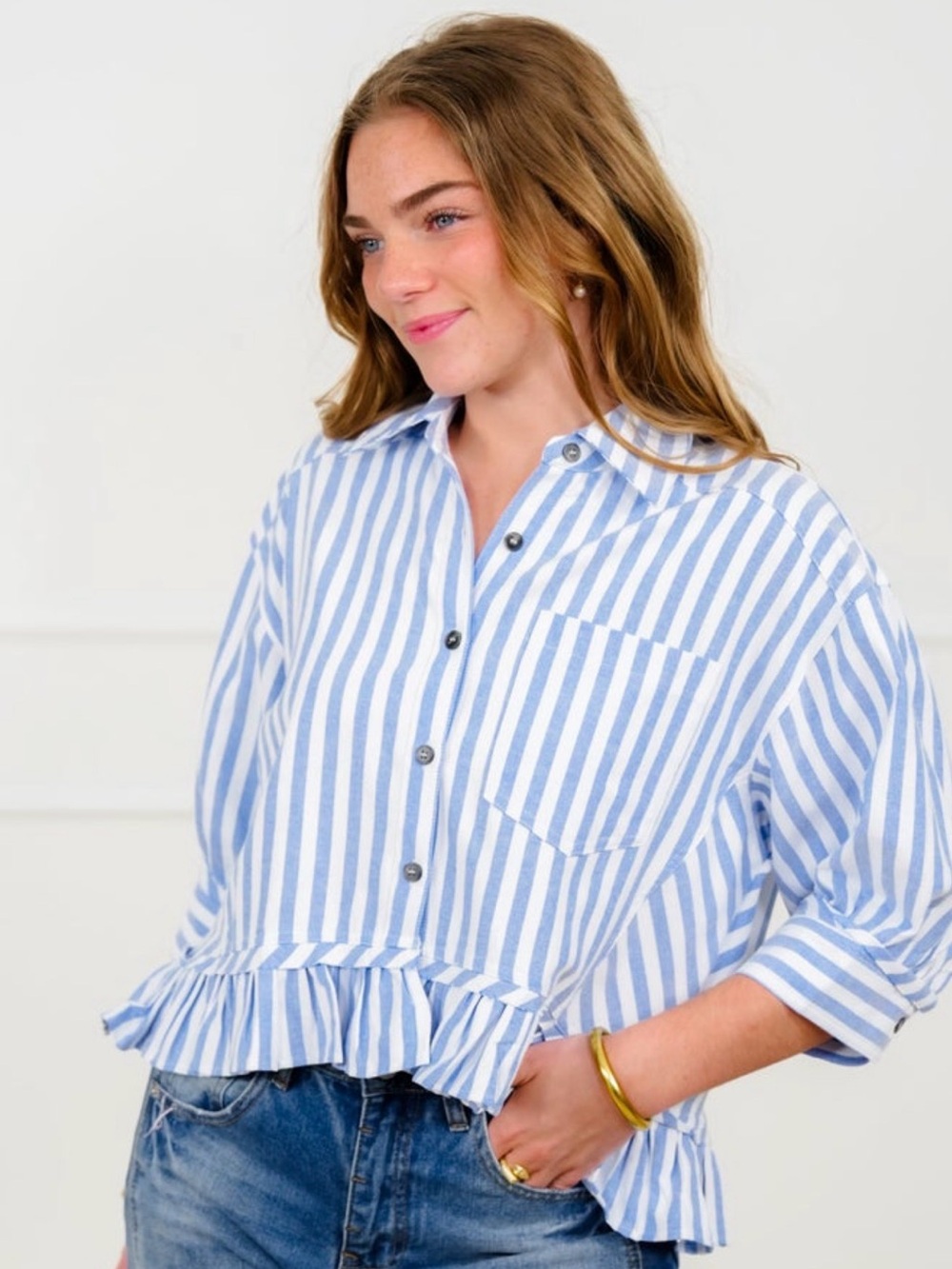 Striped Ruffle Hem Button-Front Top - Blue & White - Picture 2 of 3
